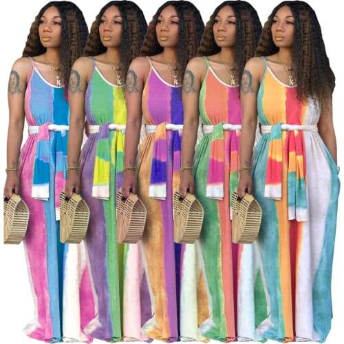 S-2XL 2021 summer dresses for women casual Loose tie dye printed Sleeveless V Neck Sling long Dress Wholesale Dropshipping