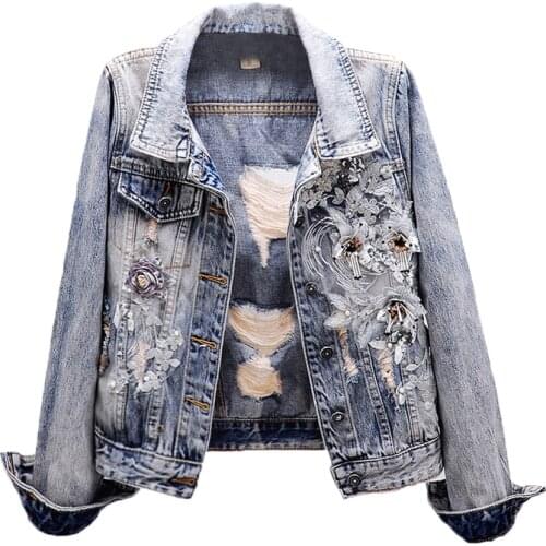 2020 Flower Patch Long Sleeve Chic Ripped Denim Jacket Top Quality Women Coat Chaqueta Mujer