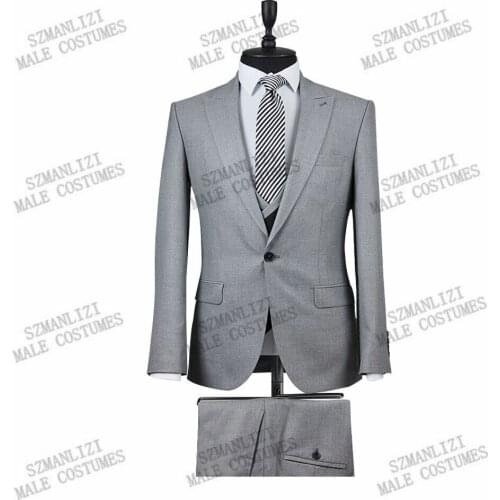 2021 Costume Homme Italian Style Slim Fit 3 Pieces Light Grey Mens Suits Groom Prom Tuxedos Groomsmen Blazer For Wedding Suits