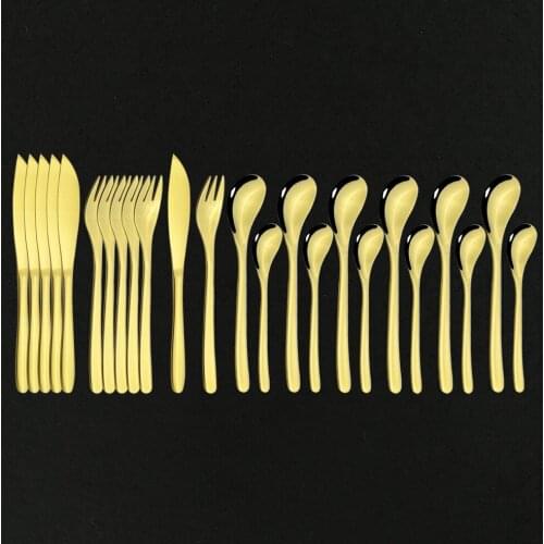 24pcs Gold Dinnerware Set 304 Stainless Steel Tableware Set Knife Fork Spoon Silverware Set Cutlery Set Kitchen Accessories