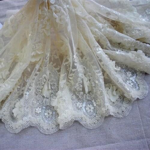 12.6"32cm Deep Ivory Embroidered 3D Flower Tulle Lace Trim with Sequins ,Mesh Embroidery Lace Trim