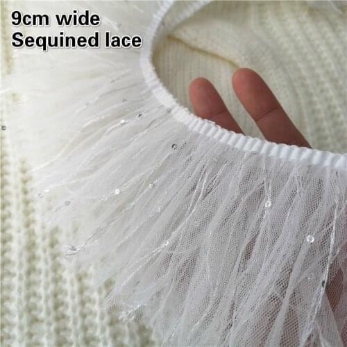 9cm Wide White Sequin Mesh Tassel Lace Ribbon Fabric DIY Toy Doll Pet Clothing Material Female Fashion Skirt Sewing Accessories