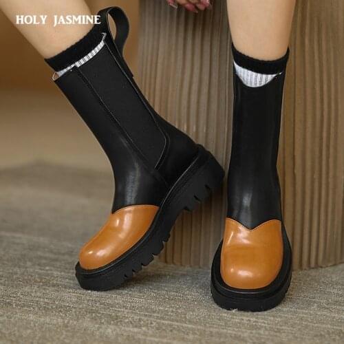 2022 Mixed Colors Chelsea Boots Women Split Leather Round Toe Shoes Comfortable Winter Platform Boots Shoes Women Ankle Boots