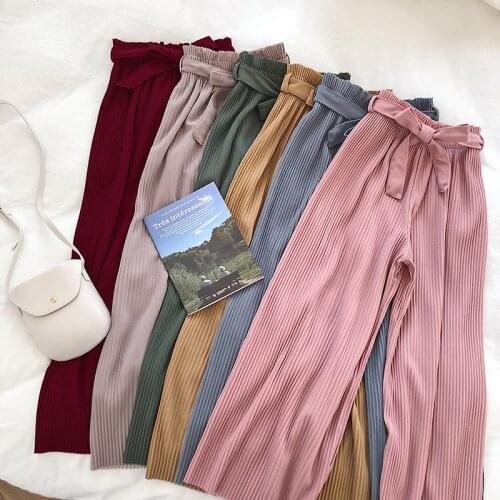 Autumn Wide Leg Pants Women Casual High Waist Pants with Bow Belt New Pleated Pant Trousers Femme