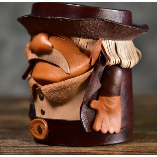 Fashion retro design handmade natural Real leather pen holder office creative cartoon pen barrel desktop decoration storage box