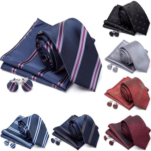 Mens Ties Cravat Cufflinks Set Jacquard Necktie Fashion Stripe Tie for Men Gift Wedding Formal Dress Handkerchief Accessories