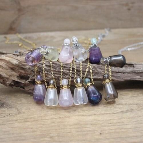 Smooth Drops Healing Crystal Essential Oil Vial Pendant Necklaces Fluorite Rose/Lemon Quartz Perfume Bottle Charms Chains QC1077