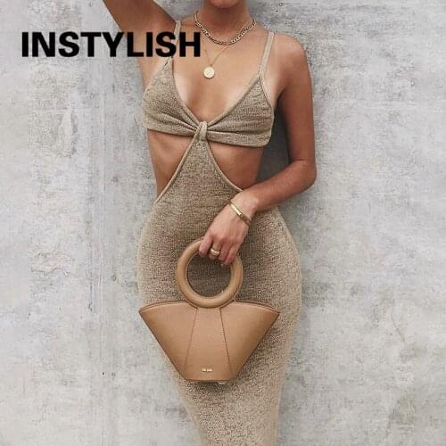 Instylish Sexy Women Kintting Maxi Dress Summer Spaghetti Strap V Neck Hollow Out Backless Bodycon Long Dress Vacation Party