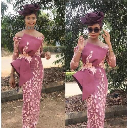 Beautiful Rose Pink African Prom Dresses With Appliques Lace 3/4 Sleeves Off The Shoulder Boho Black Girls Prom Gowns With Bow