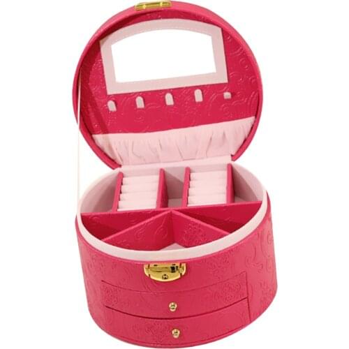 Round Jewelry Chest Classic Jewel Cabinet Ring Case Holder PU Leather Container