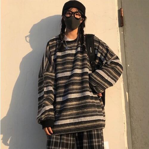 2020 New Autumn And Winter Sweater Female Korean Version Of Ins Retro Japanese Striped Loose Hedging Wear Couple Knitted Sweater