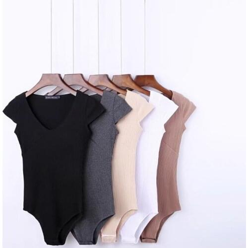New 2020 Women Sexy Sleeveless Solid Color Knit Bodysuits Female Chic V Neck Soft Blouse Brand Office Wear Playsuits Tops
