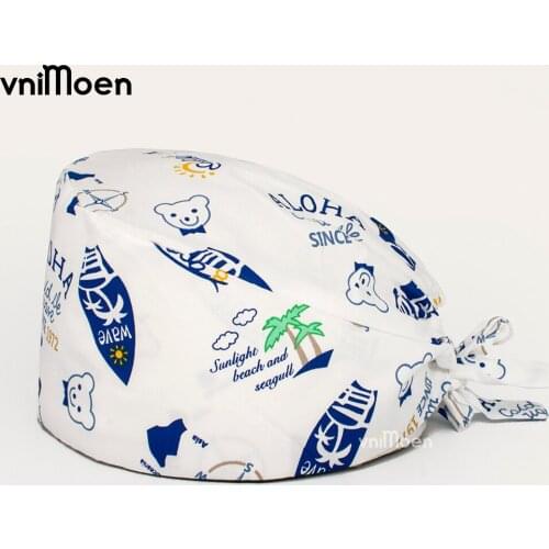 Wholesale cotton adjustable scrub caps Tieback Elastic pet grooming hats Anime printed hat working cap beauty salon working caps