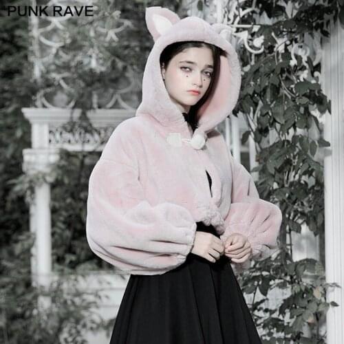 PUNK RAVE Womens Gothic Cute Small Ears Drawstring Hooded Loose Short Coat Daily Wear Plush Keep Warm Winter Jackets