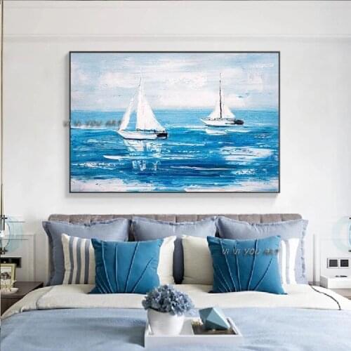 Landscape Picture handmade Boat at Sea Oil Painting On Canvas Painting Modern Blue Decoration Picture For Living Room Cuadros