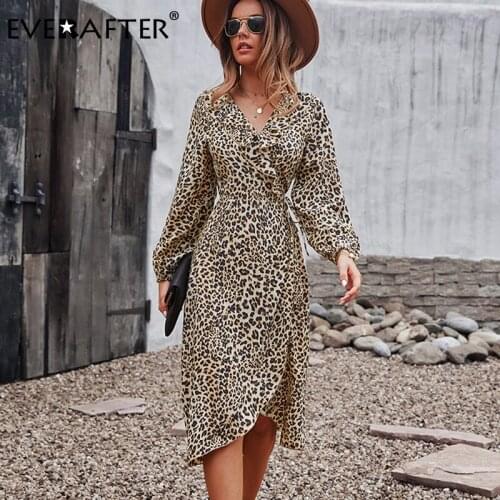 EVERAFTER Boho Midi Dress Leopard Print Long Sleeve Lace-up Ruffled V-neck Split Sexy Party Dress Autumn Winter Casual Dresses