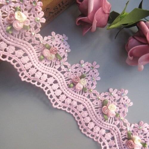 2 Yard 7cm Pink Rhinestone Pearl Flower Lace Edge Trim Ribbon Fabric Embroidered Applique Sewing Craft Wedding Dress Clothes DIY