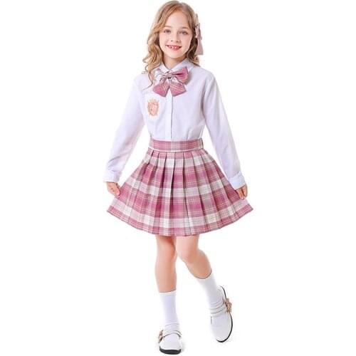S-4XL Pink Plaid School Girl Cosplay Kids Children Halloween Student Uniform Costume Carnival Purim Parade Role Play Party Dress