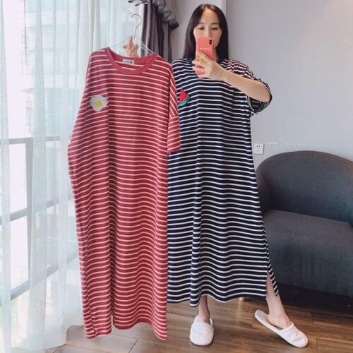 Nightdress Cotton Striped Nightwear Home Dressing Gown Plus Size 6XL Women Short Sleeve Homewear Summer New Long Nightgown