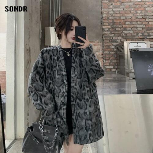 French Niche Woolen Coat 2020 Autumn Winter Clothing Vintage Leopard Print Loose Korean Fashion Woolen Coat Outer Jacket Tops