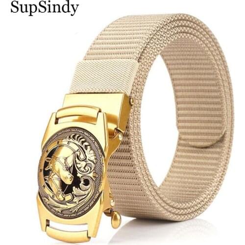 SupSindy Mans nylon belt luxury Horse metal automatic buckle Canvas Belts for men fashion jeans belt outdoor casual male strap