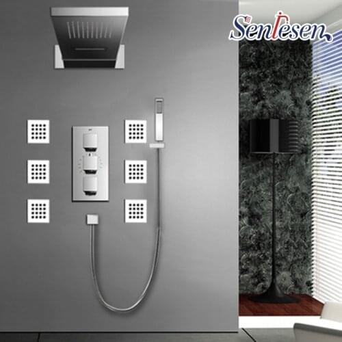 SENLESEN Thermostatic Shower Set Chrome Shower Faucet Four Water Modes Brass Thermostatic Value Head Hand Water Back Shower