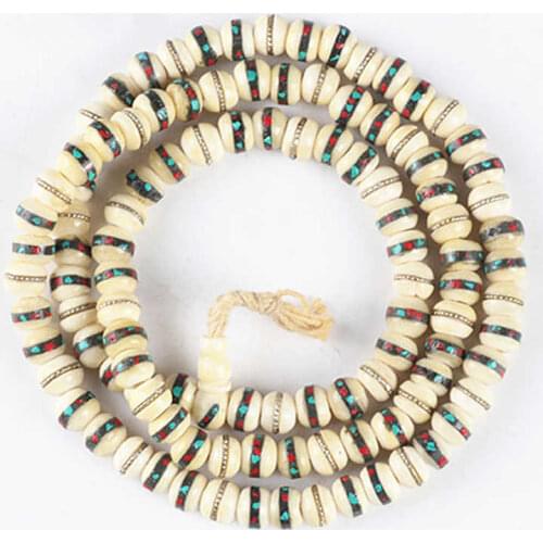 Tibet Rosary Tibetan Buddhist 108PCS White Yak Bone Meditation Prayer Mala 8mm Inlay Stone Metal Silk BRO574