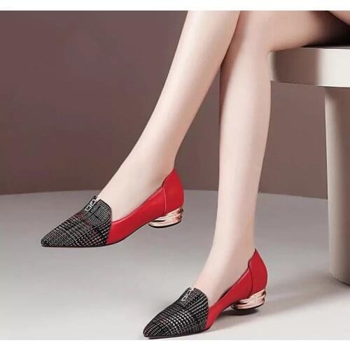 Fashion Low Heels Women Pointed Toe Comfortable Office Shoes Pattern Checkered Pumps Non-Slip Ladies Single Shoes zapatos mujer