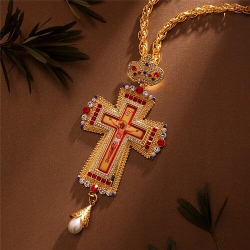 High Quality Alloy Necklace For Men Women Pectoral Cross Red Zircons Crystals Orthodox Greek Crucifix Jewelry Religious Necklace