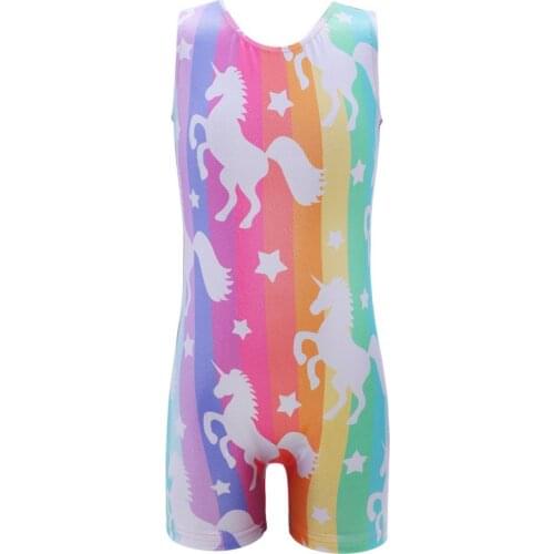 Girls Leotards Gymnastics with Shorts Dance Wear Sleeveless Biketards Cute Unicorn Pink Purple Rainbow Ballet Athletic Leotards