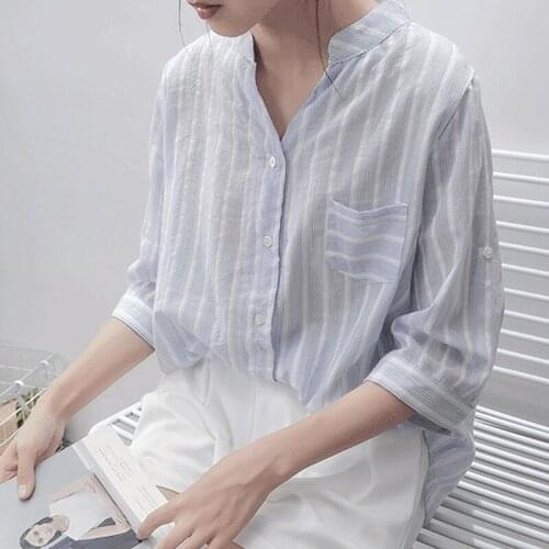 New Shirt Womens Casual Cotton Linen Button Pocket Shirts Spring Autumn For Female Striped Stand Neck Blouses Loose Baggy Tops