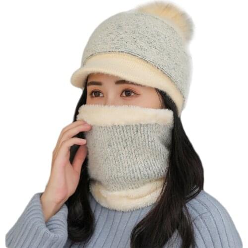 Women Winter 2Pcs Set Pompom Visor Beanie Hat with Scarf Knitted Plush Lined Skullies Baseball Windproof Neck Warmer