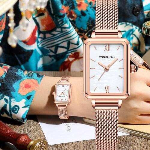 Ladies Elegant Watches CRRJU Fashion Casual Mesh Wristwatch for Women Minimalist Unique Waterproof Quartz Gift Watch reloj mujer