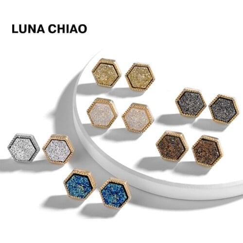 LUNA CHIAO 2018 Fashion Gemometric Resin Fake Metallic Druzy Stone Mini Studs Post Earrings for Women