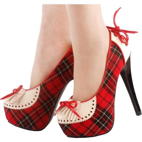 LF80868 SHOW STORY Women Checkered Tassel Bow Hidden Platform Stiletto Heel Dress Pumps