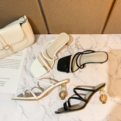 New Womens Sandals 2021 Square Toe Solid Color Womens Shoes Ankle-Strap Open Toe Profiled Heel Semi Slippers