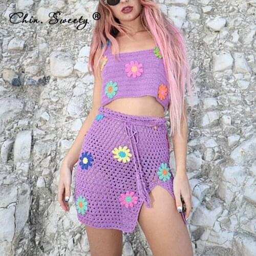 Knitted Womens Crochet Cut Out Sexy Suits 2021 Summer Print Sleeveless Lace Up Ladies Sweet Sets Crop Tops Skirts 2 Pieces Set