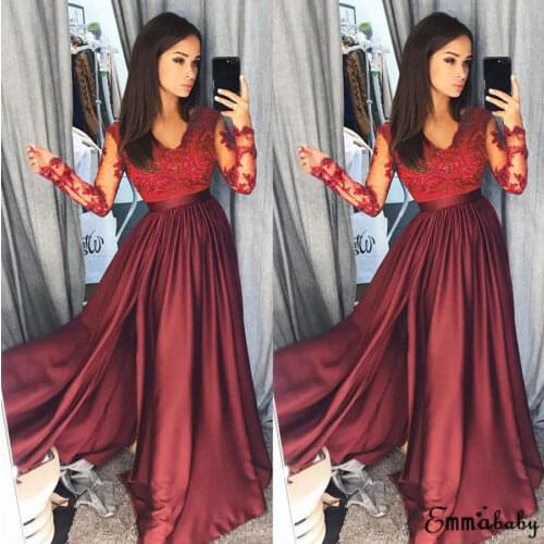 Women Lady Long Maxi Dress Long Sleeve V Neck High Waisted Side Slit Party Prom Ball Wedding Beach Boho Dresses Summer Clothes