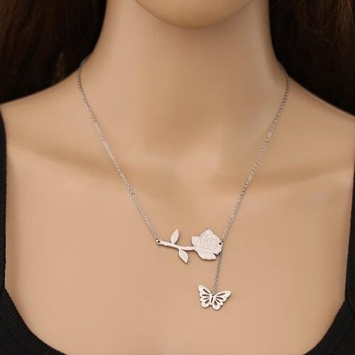 Stainless Steel Rose Flower Necklaces Silver Color Butterfly Animal Pendant Necklaces For Women Jewelry Gift