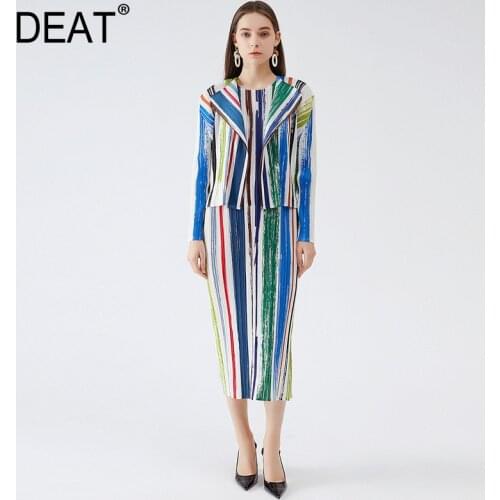 DEAT Pleated Suit Woman Sleeveless Dress Elastic Hit Color Striped + Lapel Cardigan Jackets Casual Style 2021 Autumn 15HT085