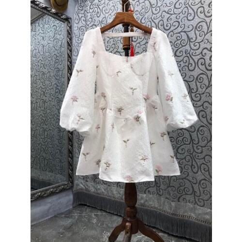 High Quality New Celebrity Style Dress 2021 Autumn Women Square Collar Pink Floral Embroidery Lantern Sleeve White Gown Dress