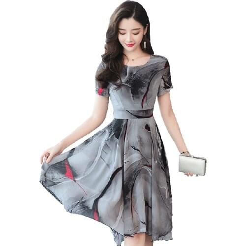 2021 Korean Vintage Boho Dresses Summer Plus Size Print Chiffon Sundress Elegant Women Beach Midi Short Sleeve Vestidos OK142