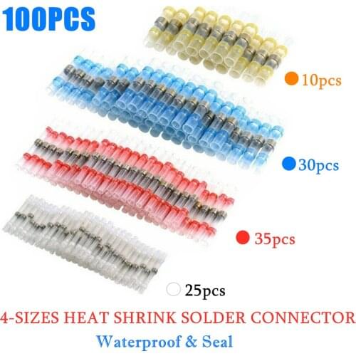100PCS Heat Shrink Soldering Seal Sleeves Waterproof Butt Terminals Electrical Wire Connectors AWG26-10 Kit Assortment