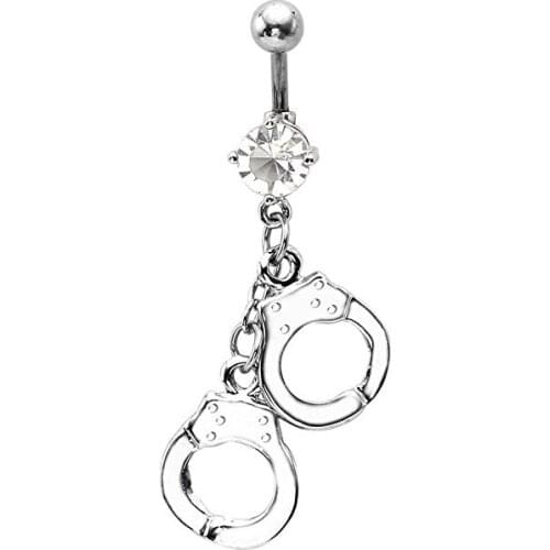 14G Surgical Steel CZ Crystal Belly Button Ring Handcuffs Navel Piercing Jewelry Bar Length 12mm