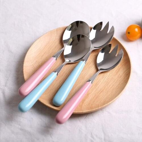 2pcs Stainless Steel Salad Spoon Salad Fork with Ceramic Long Handle Tableware Dinnerware 20.5cm