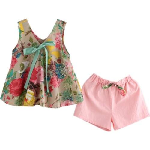 2021 Bobora Summer Childrens Girls Floral Printed Sleeveless Baby Vest Tops +Shorts Sets For Girls Kids Clothes Outfit Suits