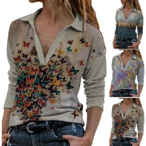 40#Womens Blouse Butterfly Flower Ladies Shirt Stitching Printed harajuku Shirt V-Neck Long-Sleeved Casual Loose Top рубашка