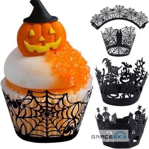 50pcs Hot Easter Party Laser Cut Castle Witch Spider Holloween Cupcake Wrappers Baking Cake Liner Party Cupcake accessory