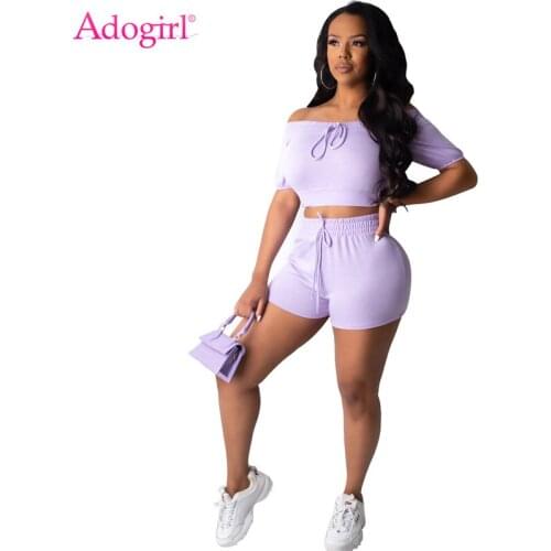 Adogirl Fashion Casual Solid Two Piece Set Lace Up Off Shoulder Short Sleeve Crop Top Shorts Women Tracksuit Summer Home Apparel