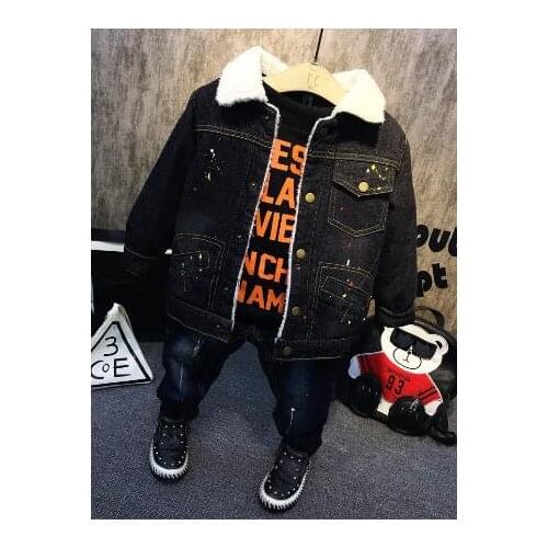 Boys childrens clothes thickening set winter childrens clothing set boys thick coat plus velvet sweater plush jeans